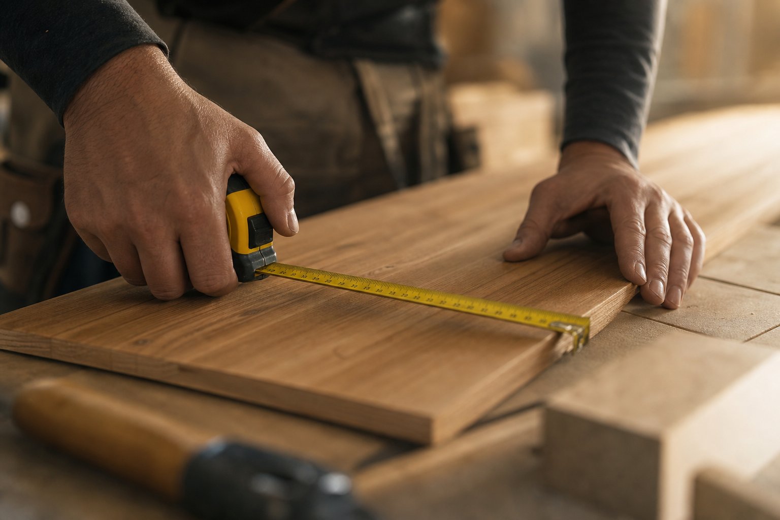 Craftsperson measuring a timber panel in a workshop