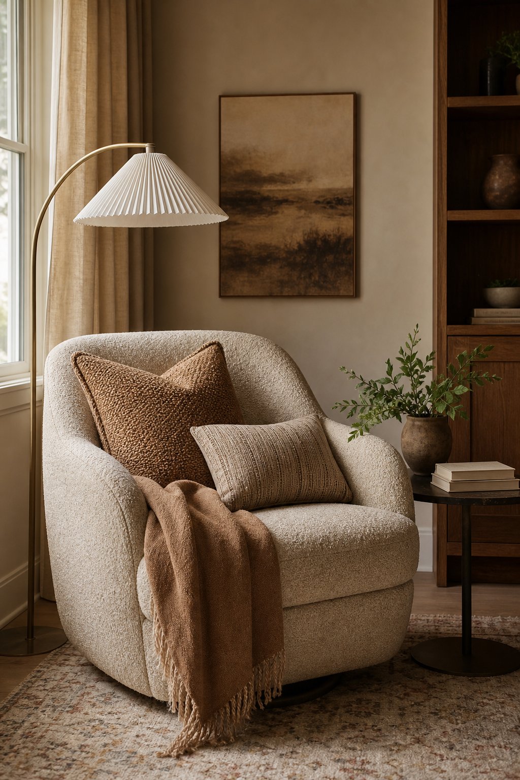 Cozy reading corner with an armchair, cushions and a floor lamp