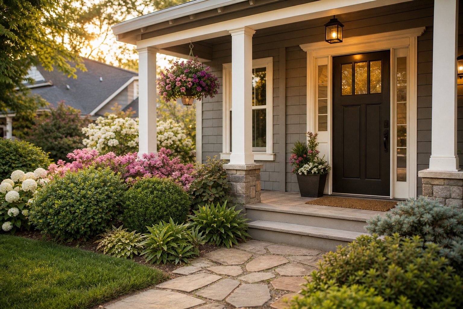 Front porch with flowering shrubs, stone pathway and hanging planter