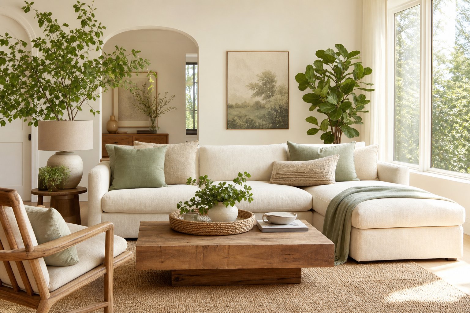 Bright, warmly decorated living room with plants and soft natural light